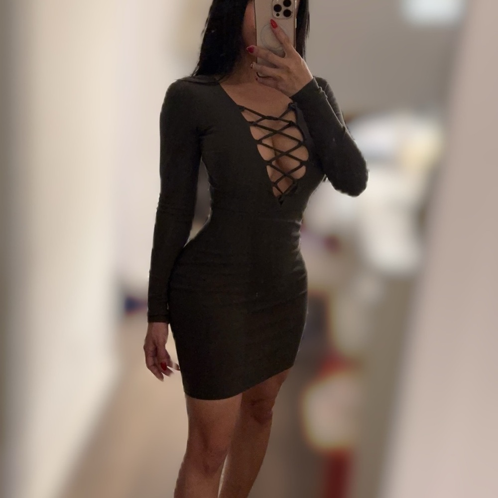 Mendocino Black Lace-Up Front Long Sleeve Mini Dress